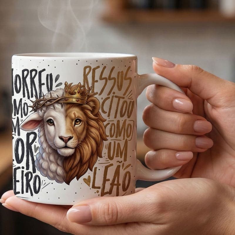 Arte Caneca Morreu como Cordeiro Ressuscitou como Leão | PNG + PDF Sublimação