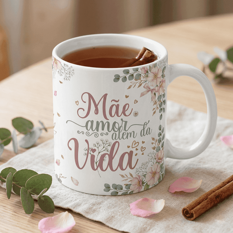 Arte Caneca Mãe Amor Além da Vida | PNG + PDF + AI Sublimação Floral - imagem 3