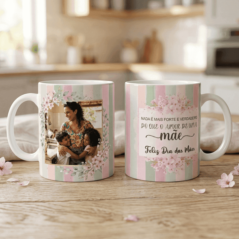 Arte Caneca Amor de Mãe Dia das Mães Listrada Floral | PNG + PDF + AI