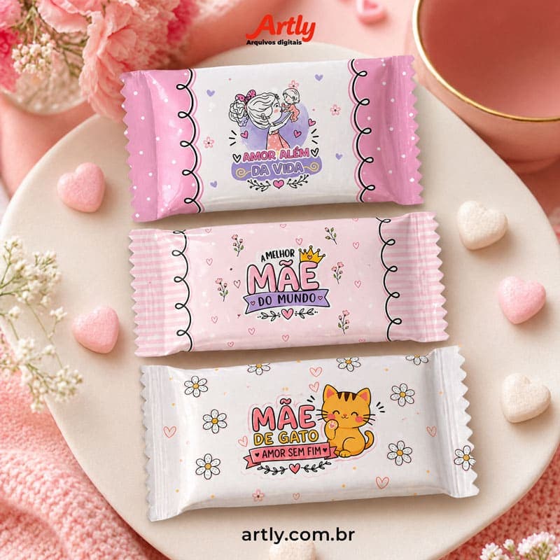 9 Embalagens de Balas Personalizadas Dia das Mães (Modelos Variados) | Arquivo Digital PNG + PDF + Studio