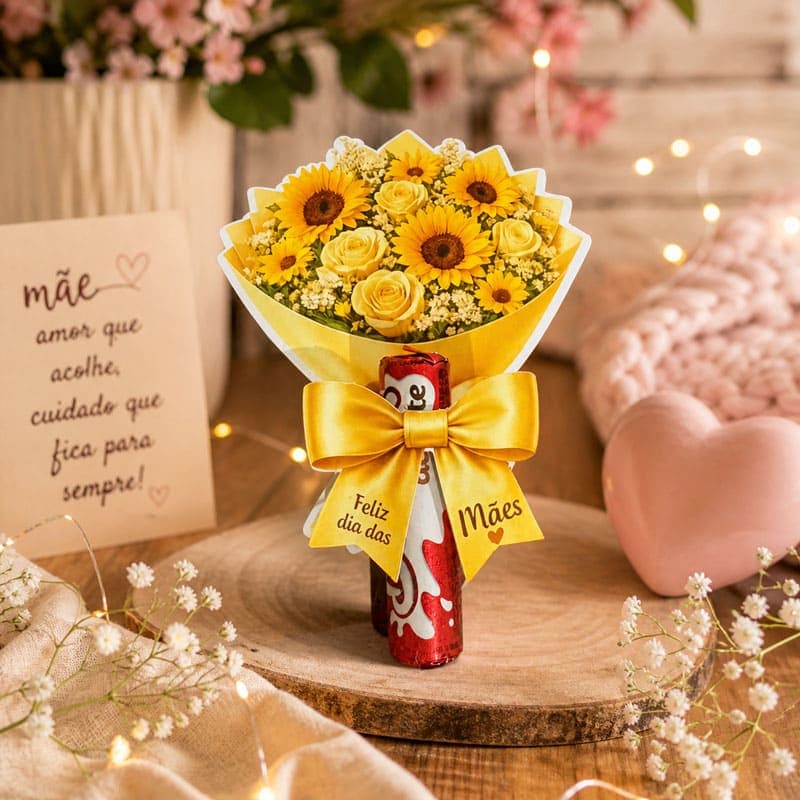 Buquê de Girassol Dia das Mães para Lembrancinha com Chocolate | Arquivo PDF e Studio (Modelo Delicado)
