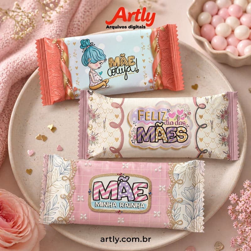 9 Embalagens de Balas Personalizadas Dia das Mães (Coleção Delicada e Floral) | PNG + PDF + Studio