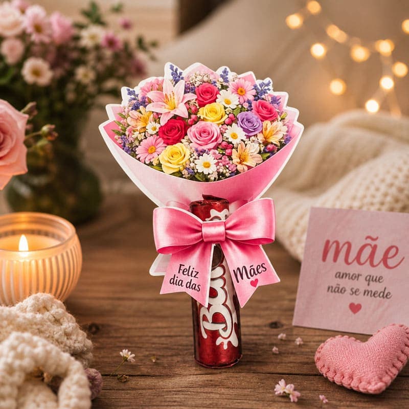 Buquê de Flores Dia das Mães para Lembrancinha com Chocolate | Arquivo PDF e Studio (Flores Variadas)