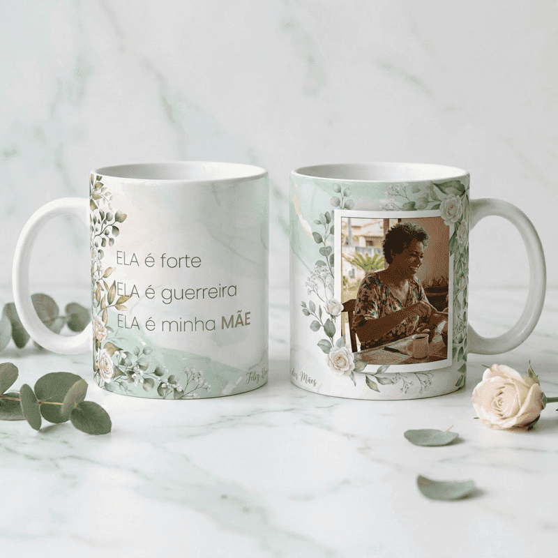 Arte Caneca Dia das Mães Ela é Forte e Guerreira | PNG + PDF + AI Personalizada
