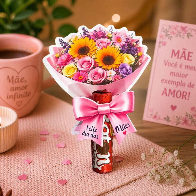 Buquê de Flores Rosas Dia das Mães para Lembrancinha com Chocolate | Arquivo PDF e Studio (Rosas e Flores Delicadas)
