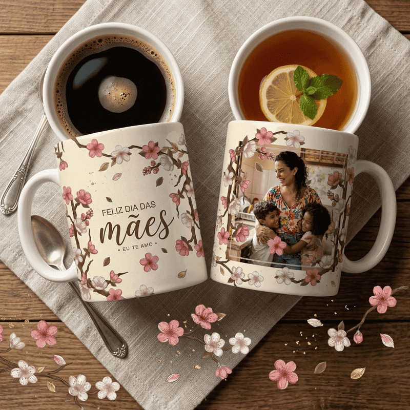 Arte Caneca Dia das Mães Floral Personalizada | PNG + PDF + AI Sublimação