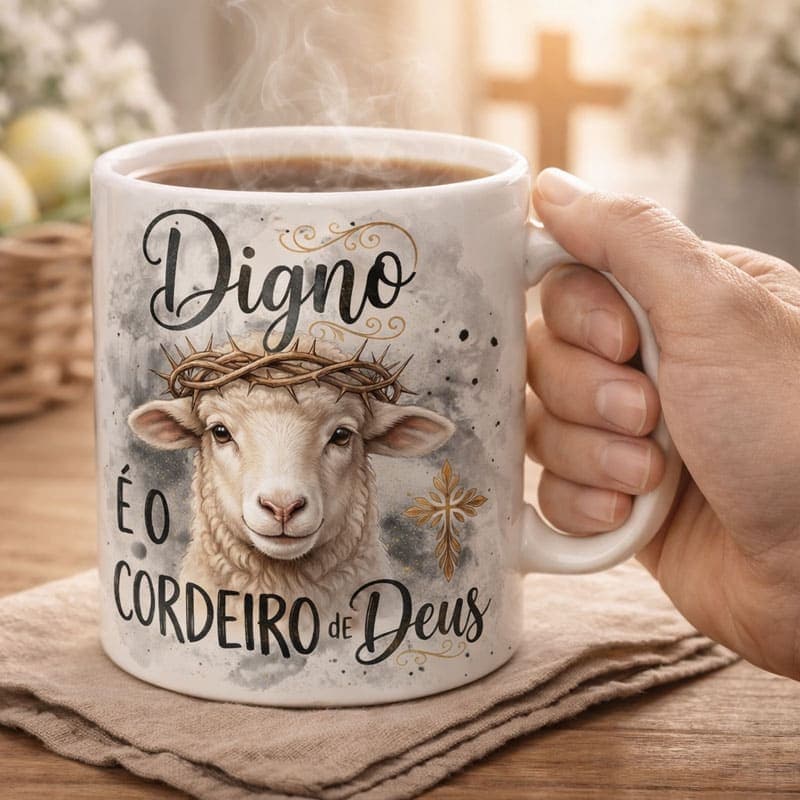 Arte Caneca Digno é o Cordeiro de Deus | PNG + PDF Sublimação Cristã