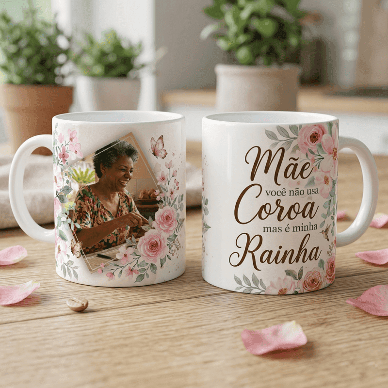Arte Caneca Dia das Mães Minha Rainha Floral | PNG + PDF + AI Sublimação