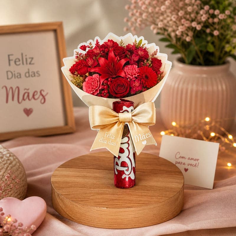 Buquê de Flores Vermelhas Dia das Mães para Lembrancinha com Chocolate | Arquivo PDF e Studio (Modelo Premium)