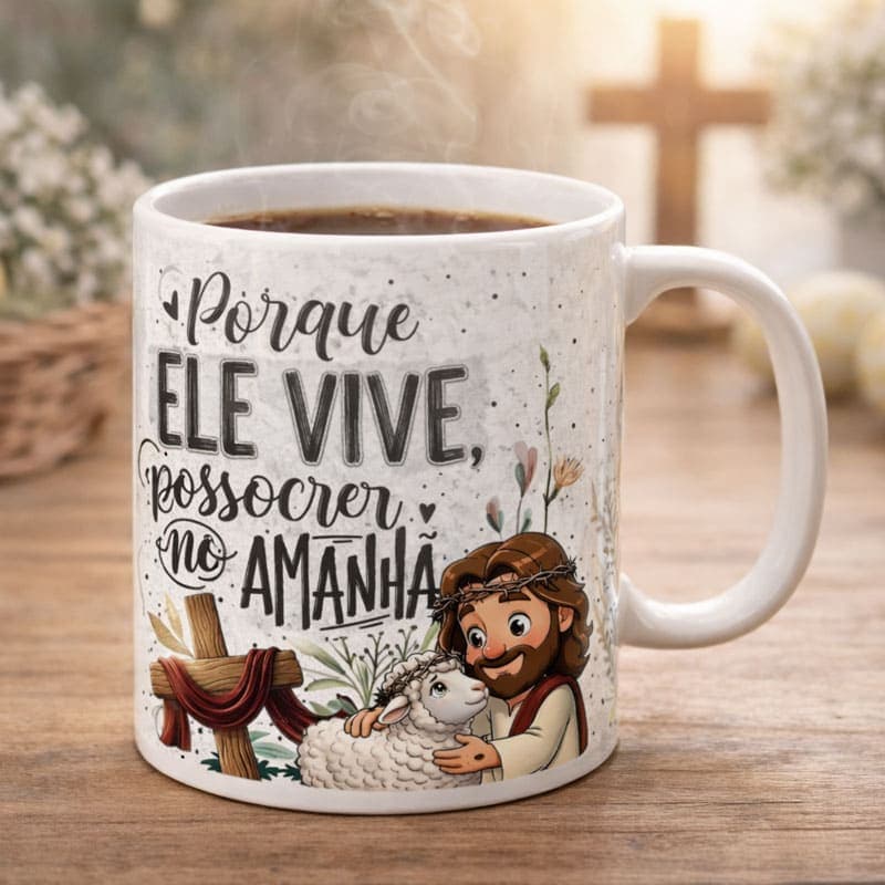Arte Caneca Páscoa Cristã Porque Ele Vive Posso Crer no Amanhã | PNG + PDF - imagem 2
