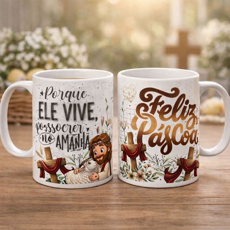 Arte Caneca Páscoa Cristã Porque Ele Vive Posso Crer no Amanhã | PNG + PDF - imagem 3